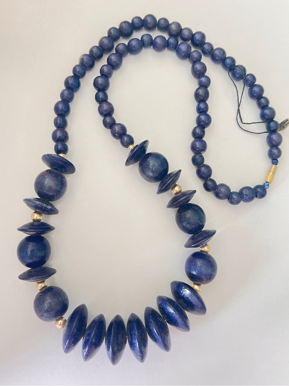 Vintage Boho Wood Deep Blue Beaded Statement Necklace New Old Stock Long Station